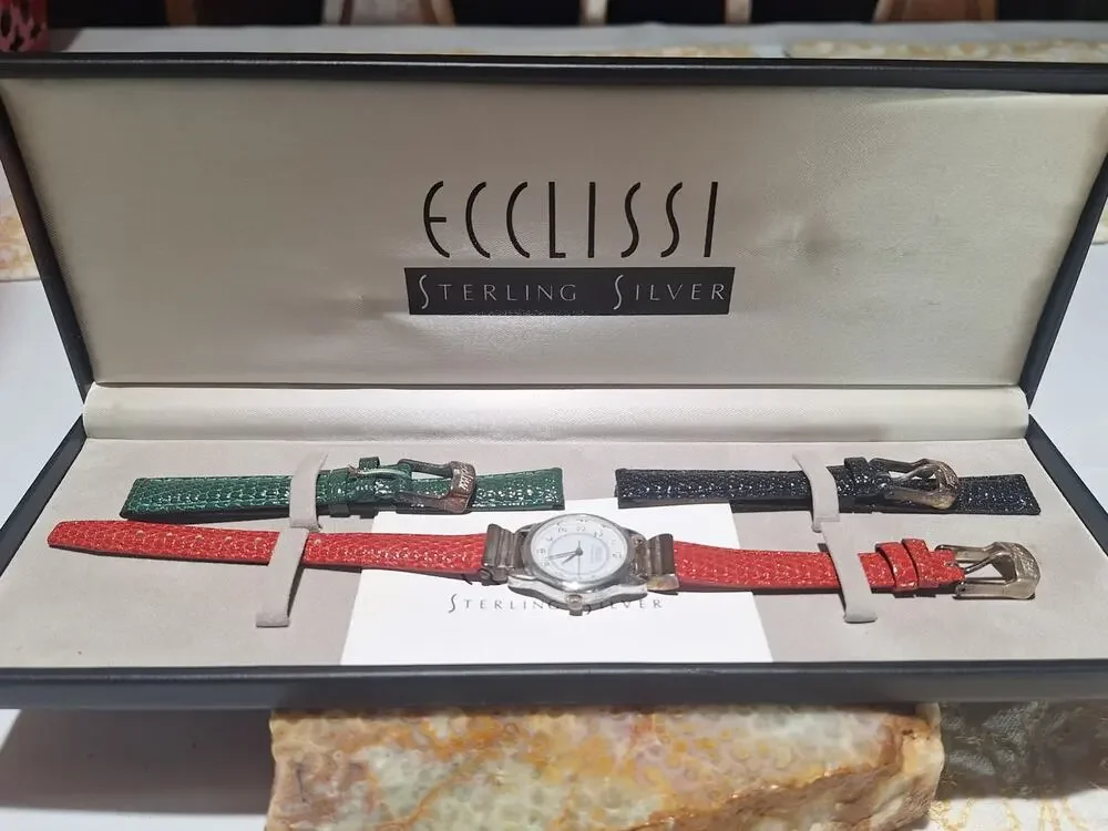 Ecclissi Sterling Silver Watch Model 232 NOS Unworn 3 Unused Leather Bands Box